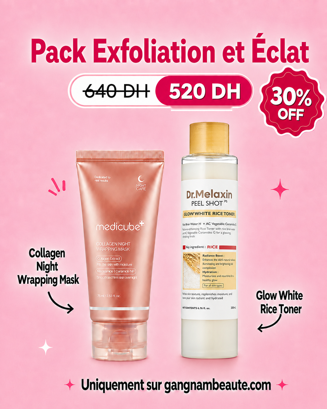 photo 10 Pack Exfoliation et Eclat - Collagen Night Wrapping Mask + Glow White Rice Toner - Exclusive Kit – Image 1