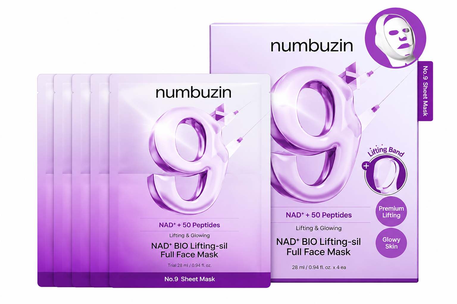 9278f9ed-6412-47dc-9beb-74a8a4d4d820 Numbuzin - NO. 9 NAD Bio Lifting-sil Full Face Pack Sheet - Masque pour visage – 4 pièces – Image 1